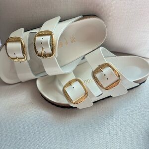 White Sandals with Gold Buckles